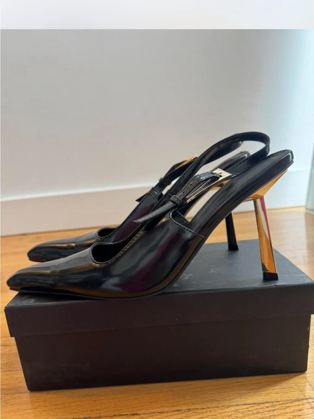 Black Patent Slingback Heels with Gold Stiletto